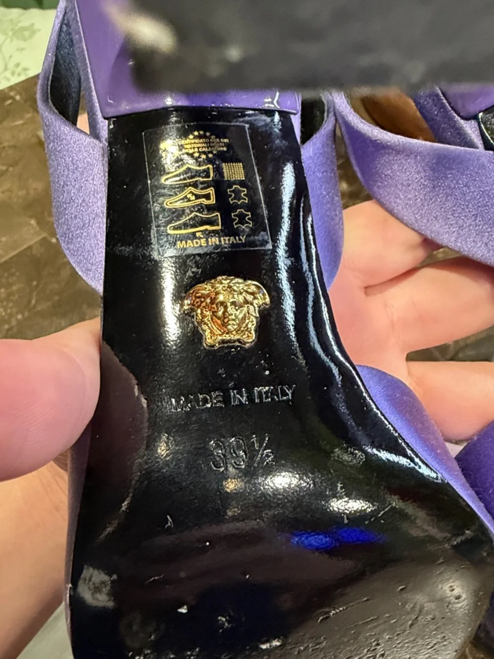Versace Purple Pointed Slingback Heels with Glitter Medusa Appliqué - Picture 4 of 4